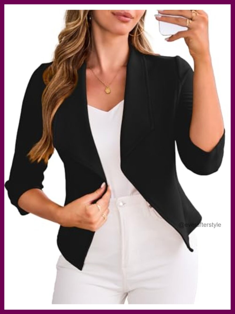 Cropped Lightweight 3/4 Sleeve Blazer Jacket Notch Neck Business Casual